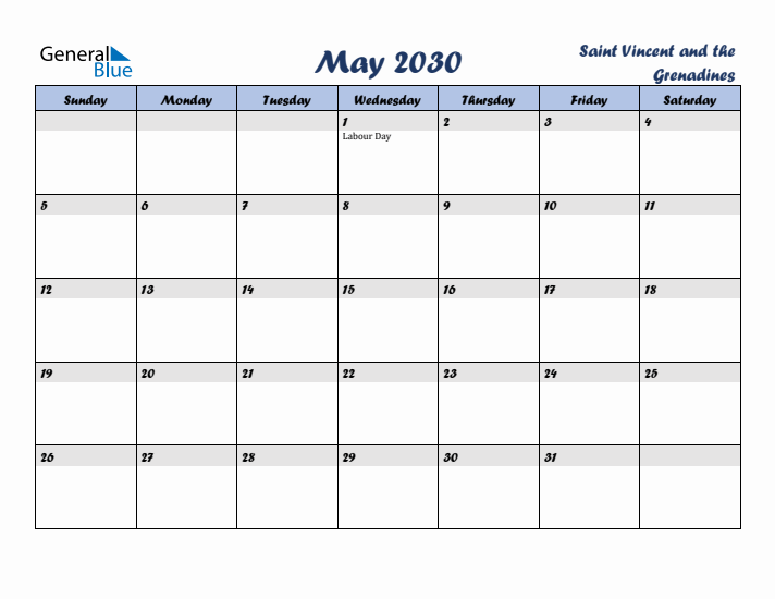 May 2030 Calendar with Holidays in Saint Vincent and the Grenadines