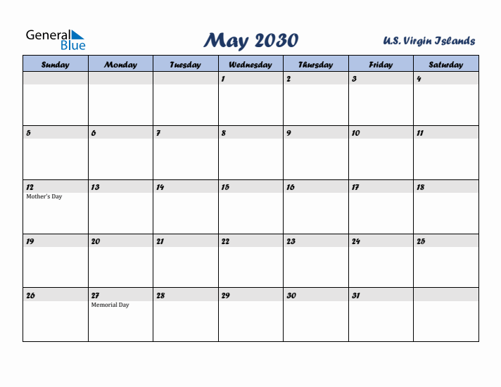 May 2030 Calendar with Holidays in U.S. Virgin Islands