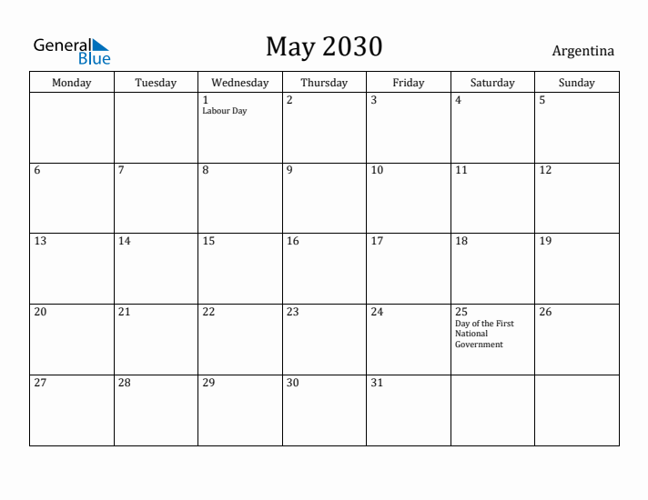 May 2030 Calendar Argentina