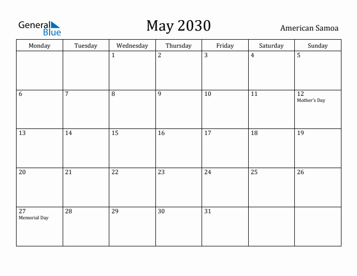 May 2030 Calendar American Samoa