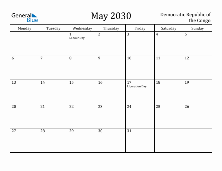 May 2030 Calendar Democratic Republic of the Congo