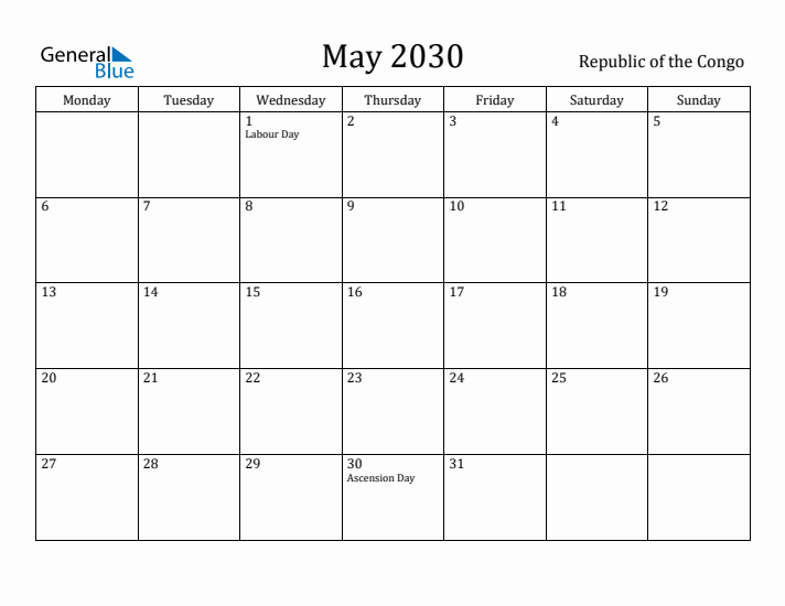 May 2030 Calendar Republic of the Congo