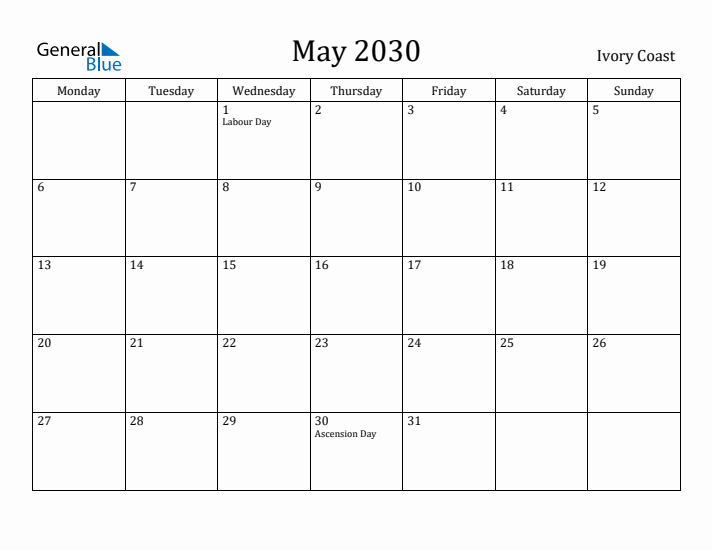 May 2030 Calendar Ivory Coast