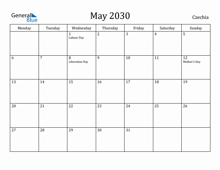 May 2030 Calendar Czechia