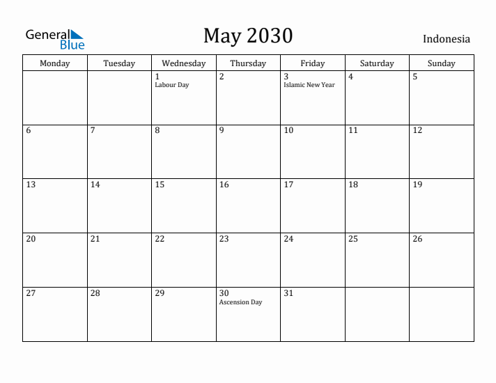 May 2030 Calendar Indonesia