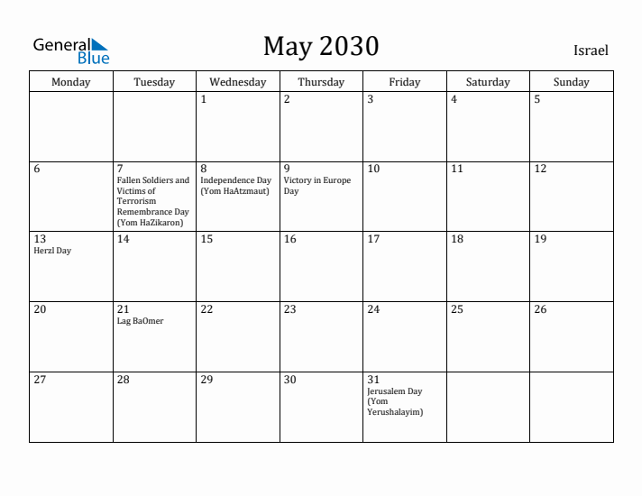 May 2030 Calendar Israel