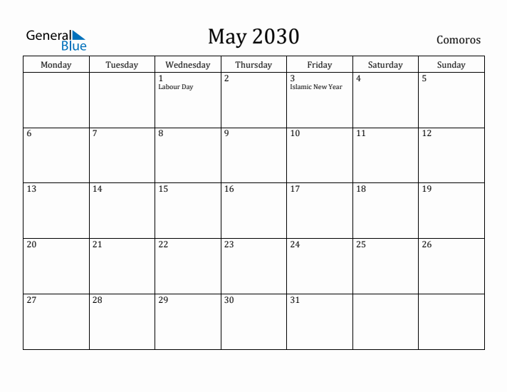 May 2030 Calendar Comoros