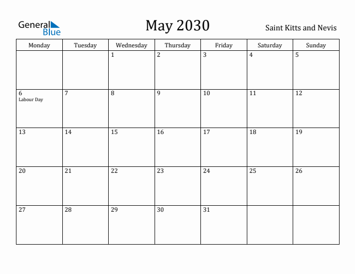 May 2030 Calendar Saint Kitts and Nevis