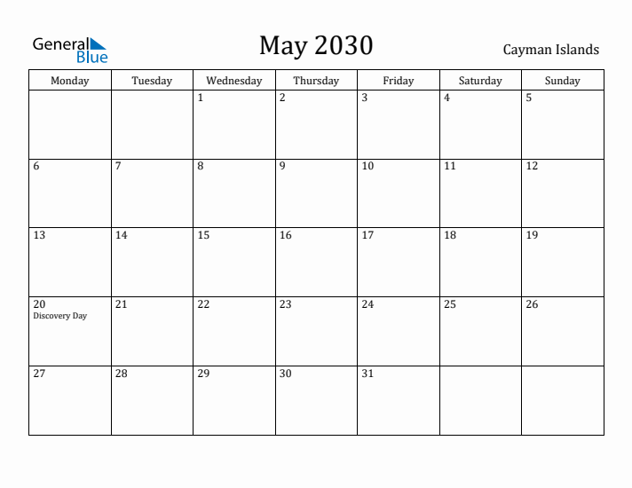 May 2030 Calendar Cayman Islands