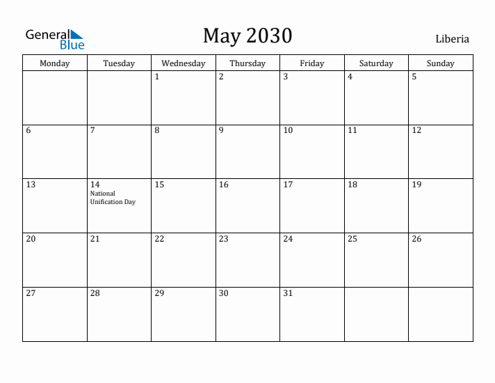 May 2030 Calendar Liberia