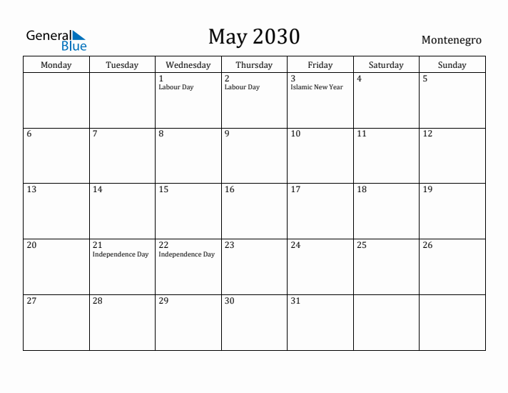 May 2030 Calendar Montenegro
