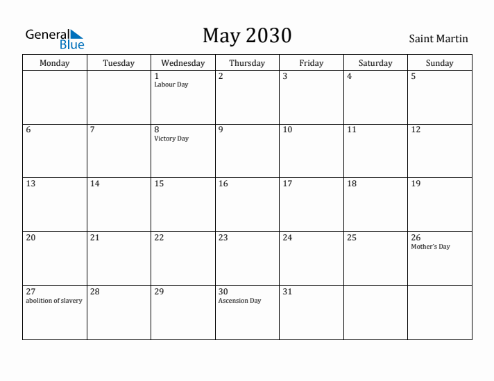 May 2030 Calendar Saint Martin