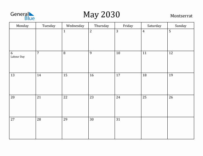 May 2030 Calendar Montserrat