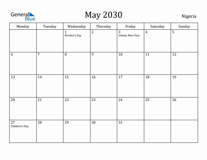 May 2030 Calendar Nigeria