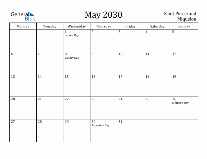 May 2030 Calendar Saint Pierre and Miquelon