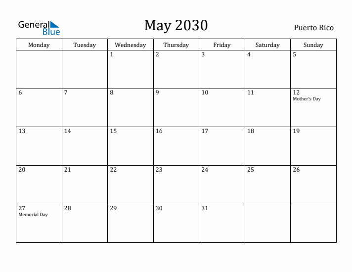 May 2030 Calendar Puerto Rico