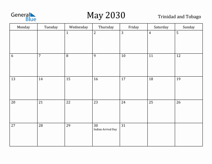 May 2030 Calendar Trinidad and Tobago