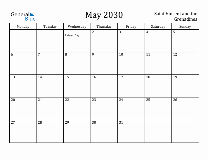 May 2030 Calendar Saint Vincent and the Grenadines