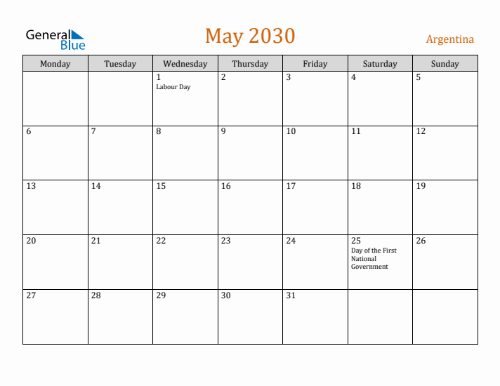 May 2030 Holiday Calendar with Monday Start