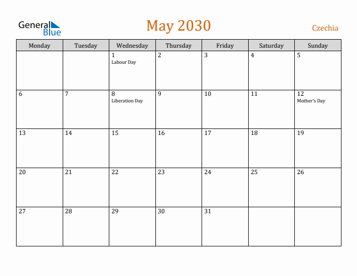 May 2030 Holiday Calendar with Monday Start