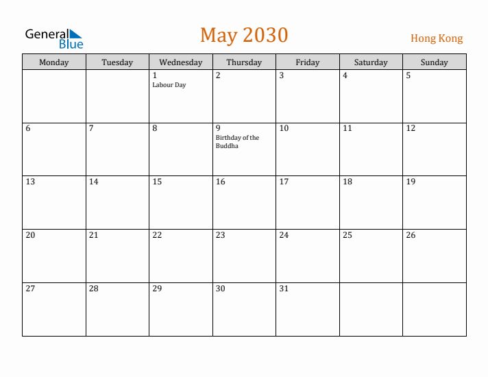 May 2030 Holiday Calendar with Monday Start