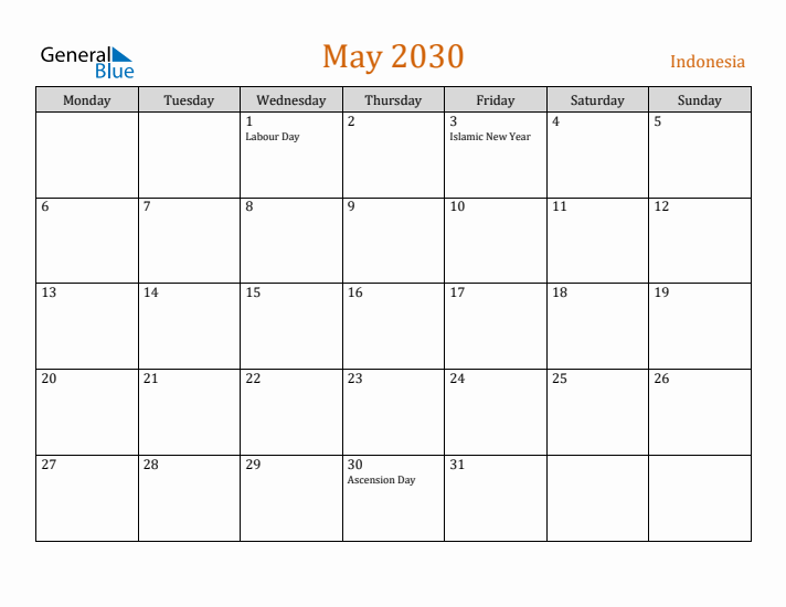 May 2030 Holiday Calendar with Monday Start