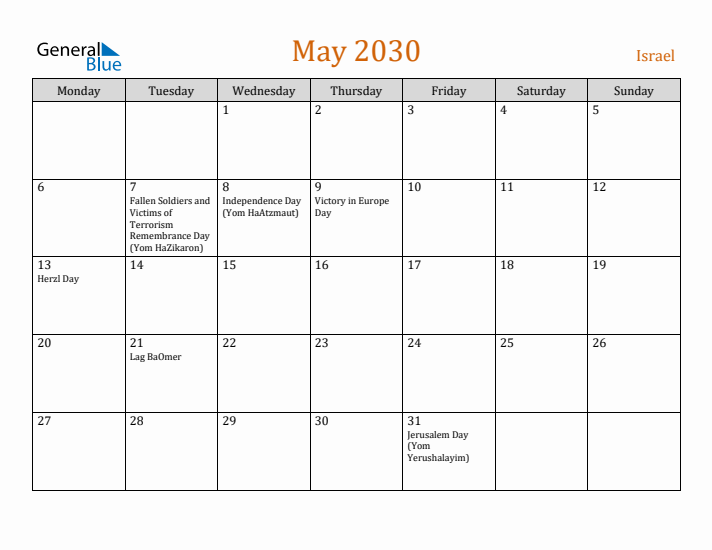 May 2030 Holiday Calendar with Monday Start