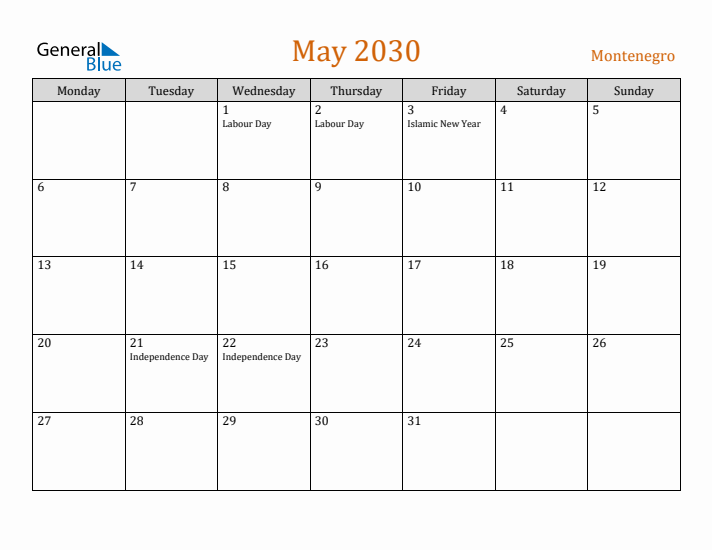 May 2030 Holiday Calendar with Monday Start