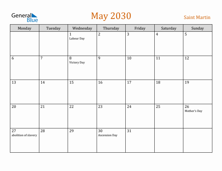 May 2030 Holiday Calendar with Monday Start