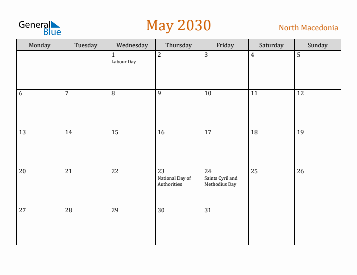 May 2030 Holiday Calendar with Monday Start
