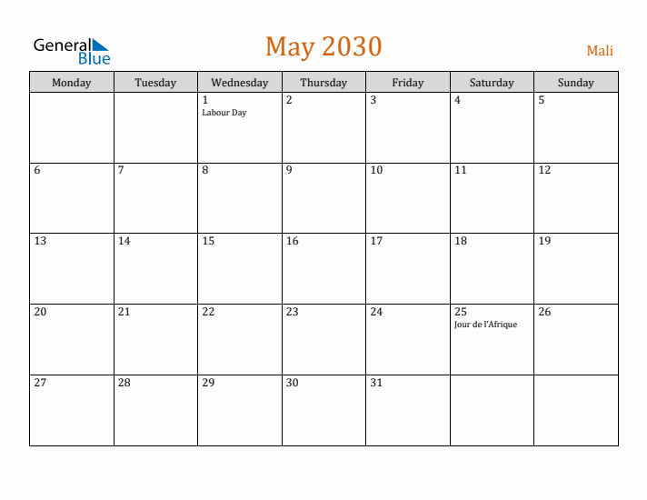 May 2030 Holiday Calendar with Monday Start