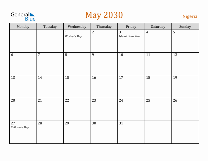 May 2030 Holiday Calendar with Monday Start
