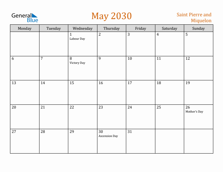 May 2030 Holiday Calendar with Monday Start