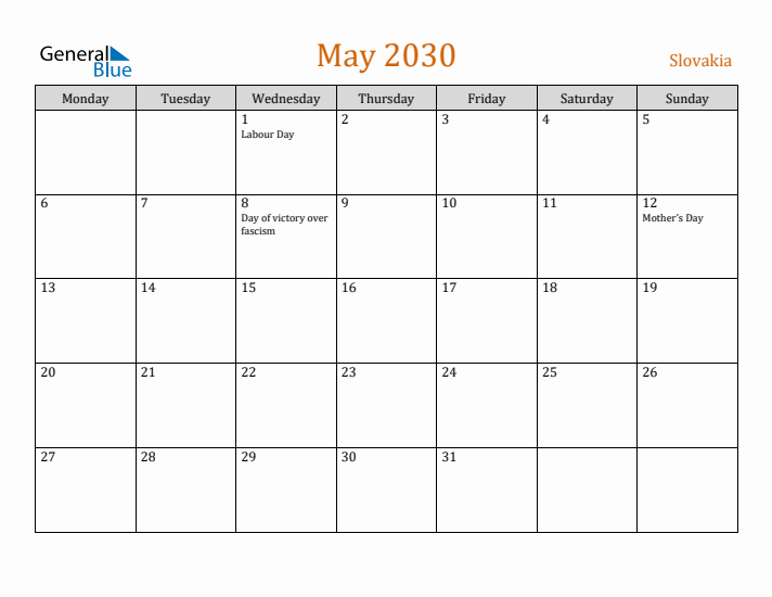 May 2030 Holiday Calendar with Monday Start