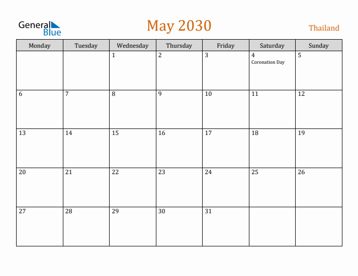 May 2030 Holiday Calendar with Monday Start