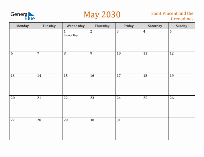 May 2030 Holiday Calendar with Monday Start