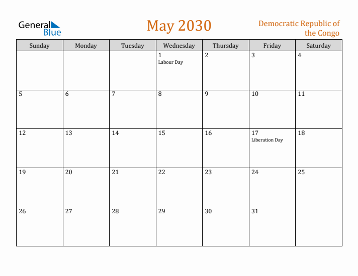 May 2030 Holiday Calendar with Sunday Start