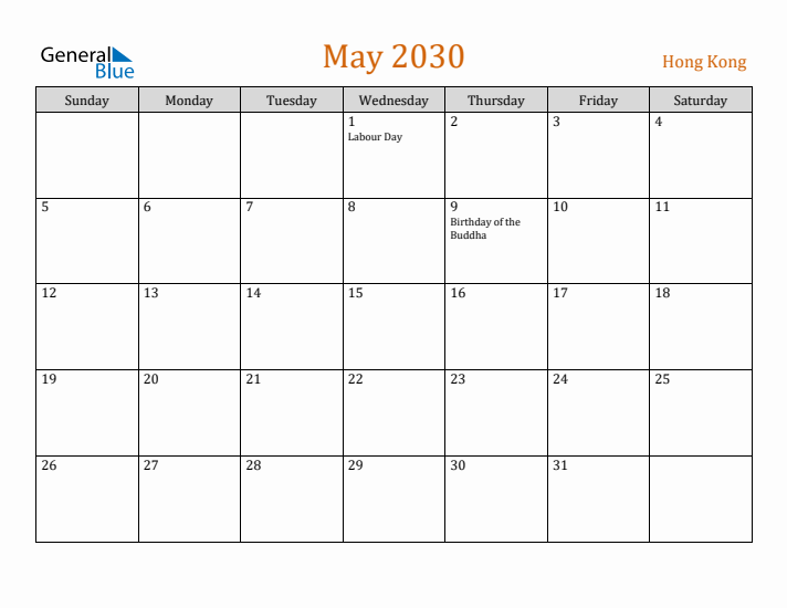 May 2030 Holiday Calendar with Sunday Start