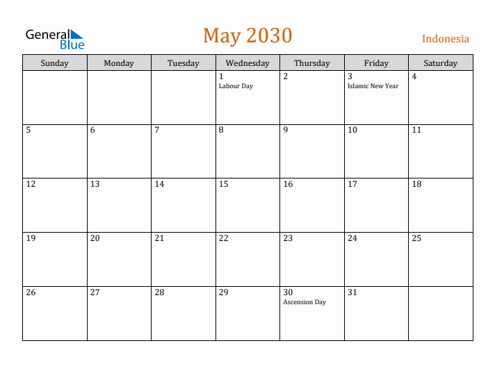 May 2030 Holiday Calendar with Sunday Start