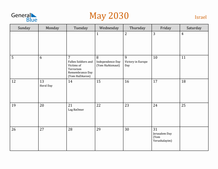 May 2030 Holiday Calendar with Sunday Start