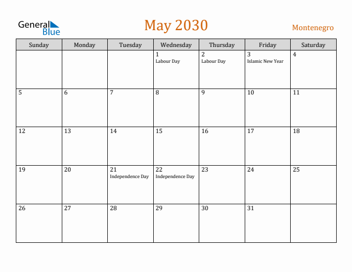 May 2030 Holiday Calendar with Sunday Start