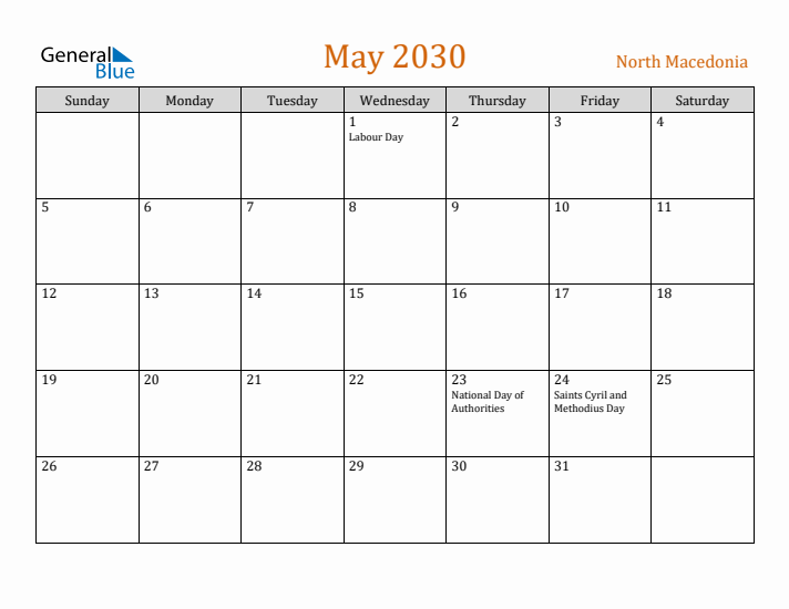 May 2030 Holiday Calendar with Sunday Start