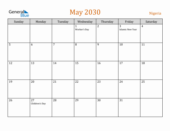 May 2030 Holiday Calendar with Sunday Start