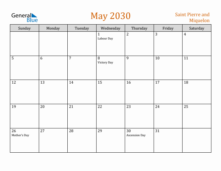 May 2030 Holiday Calendar with Sunday Start