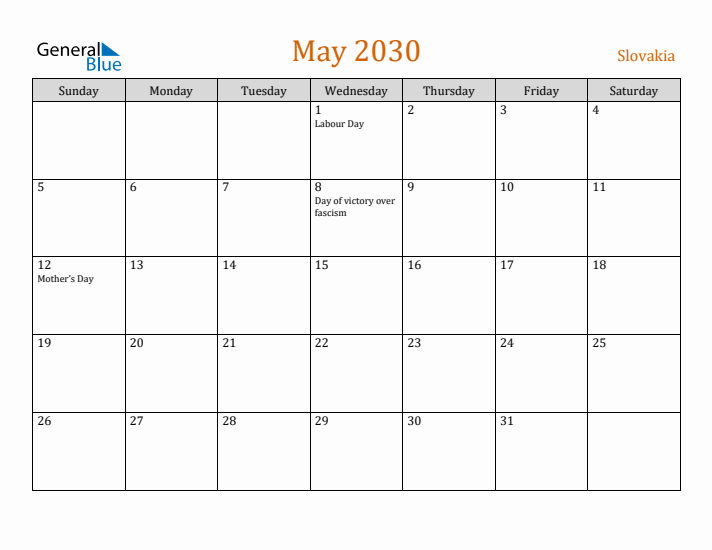 May 2030 Holiday Calendar with Sunday Start