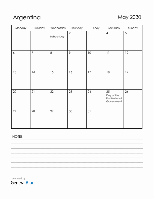 May 2030 Argentina Calendar with Holidays (Monday Start)
