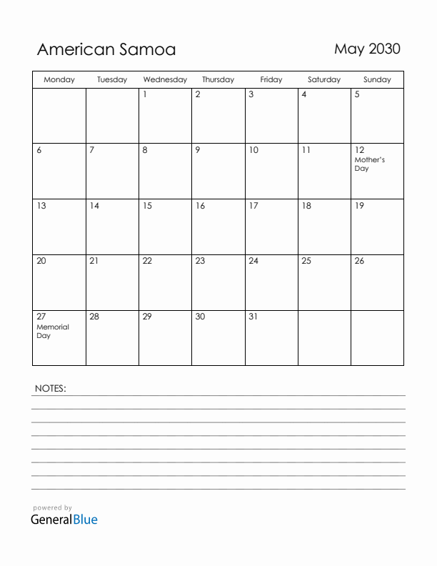 May 2030 American Samoa Calendar with Holidays (Monday Start)