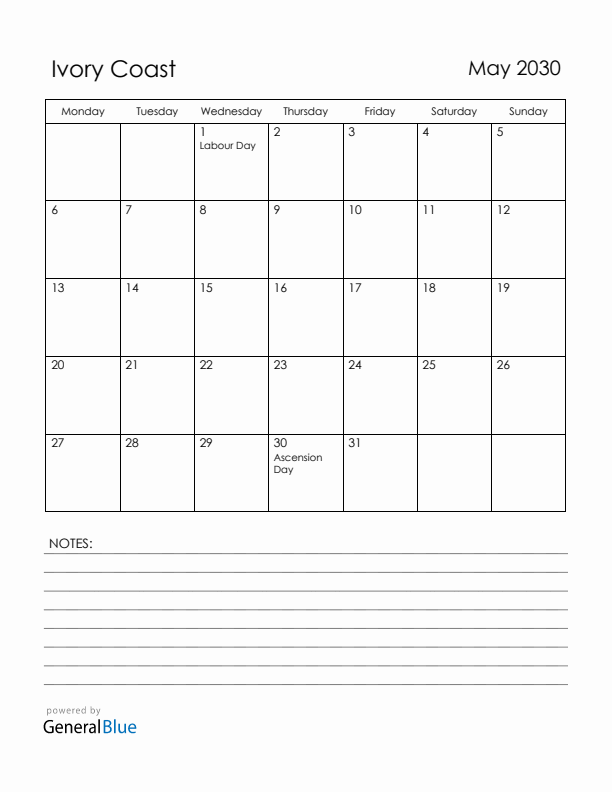 May 2030 Ivory Coast Calendar with Holidays (Monday Start)