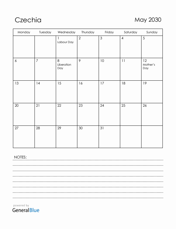 May 2030 Czechia Calendar with Holidays (Monday Start)
