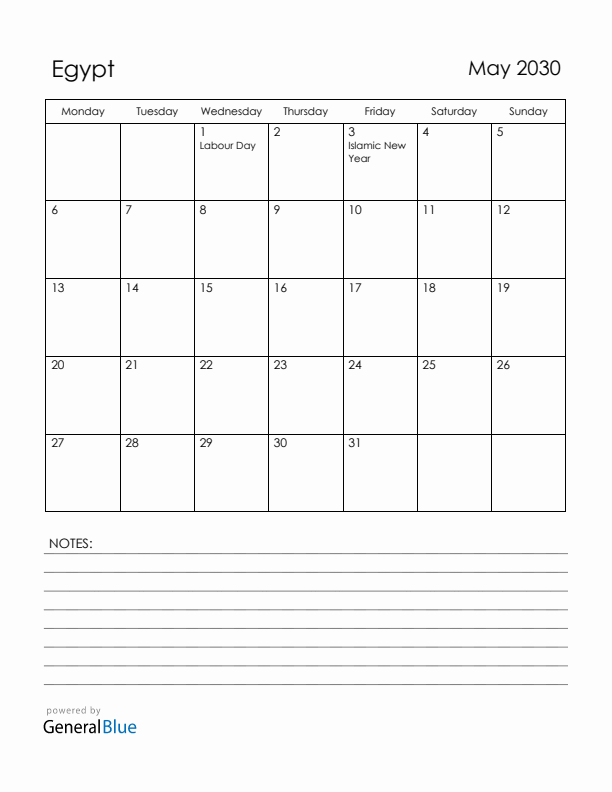 May 2030 Egypt Calendar with Holidays (Monday Start)